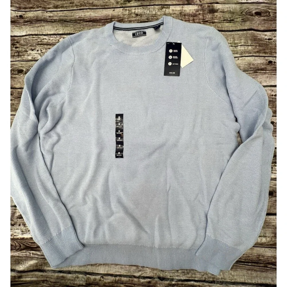 Izod Mens Size Medium Light Blue Sweater Pullover Long Sleeve Cotton Textured
